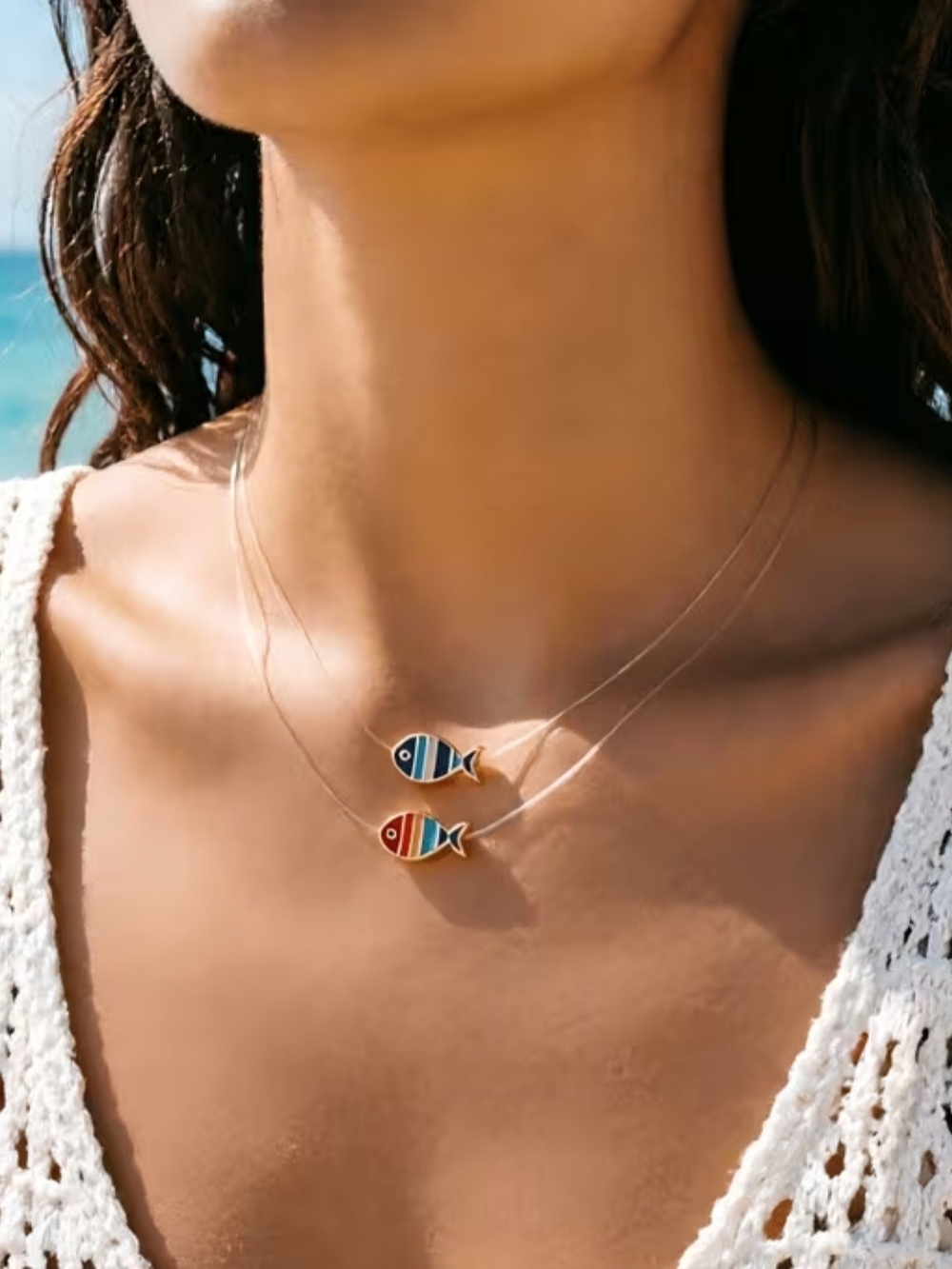 Delicate Double Fish Pendant Necklace in Blue & Red